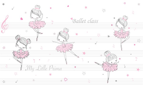 Carta da parati Un gruppo di ballerine rosa e bianche su note musicali, Carta da parati per Bambini, Carta da parati popolare, w00755 - Tapeko.it