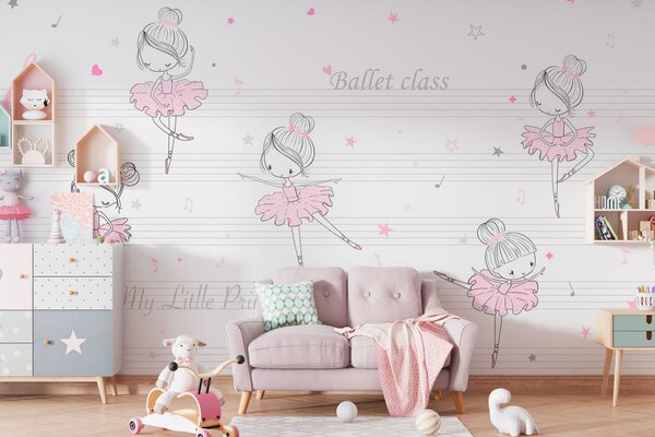 Carta da parati Un gruppo di ballerine rosa e bianche su note musicali, Carta da parati per Bambini, Carta da parati popolare, w00755 - Tapeko.it