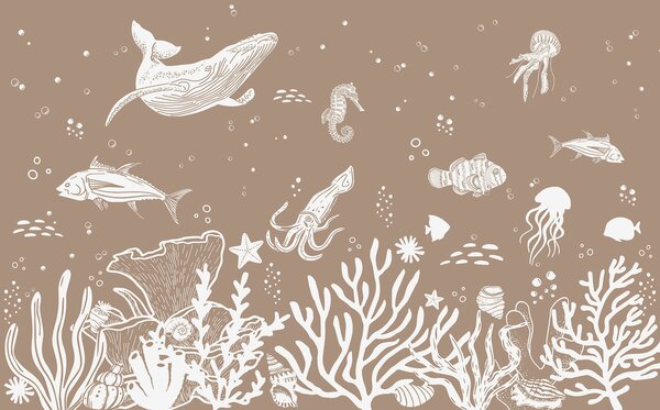 Carta da parati Un disegno a linee bianche di animali marini, Carta da parati Mare, Carta da parati popolare, w00850v3 - Tapeko.it