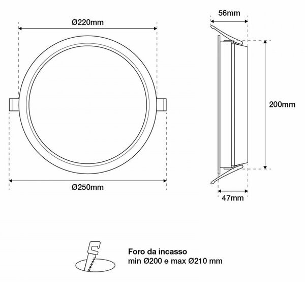 Faro LED incasso 30W, foro ø200-210, UGR19, 110lm/W, OSRAM LED - Dimmerabile Colore Bianco Caldo 2.700K