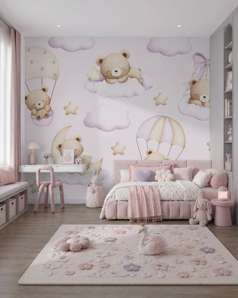 Carta da parati Orsi su paracadute e nuvole su sfondo rosa, Carta da parati per Bambini, w02385v1 : Uwalls.it