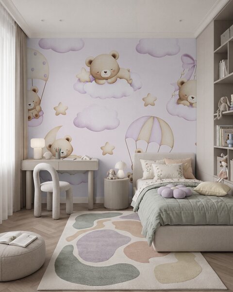 Carta da parati Orsi su paracadute e nuvole su sfondo rosa, Carta da parati per Bambini, w02385v1 : Uwalls.it