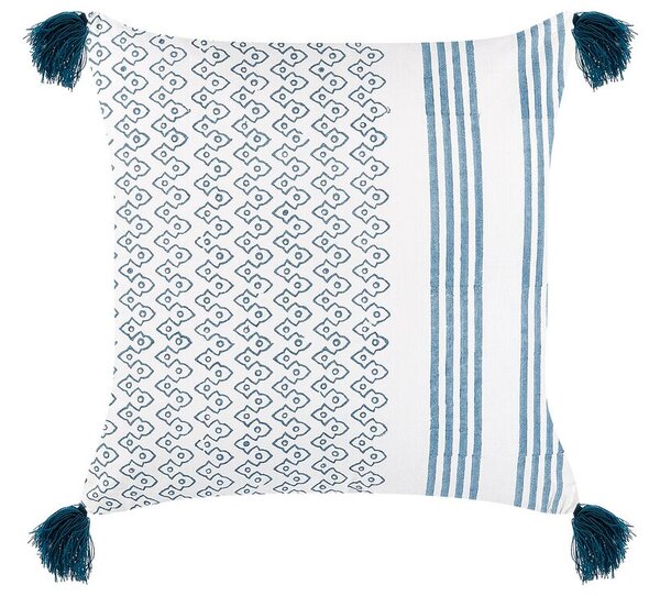 Cuscino cotone bianco e blu scuro 45 x 45 cm stampa a blocchi soggiorno camera da letto Beliani
