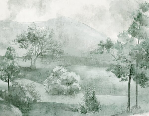 Carta da parati Dipinto paesaggistico di una scena di campagna nebbiosa circondata da alberi, Carta da parati Acquerello, w01247v2 : Uwalls.it
