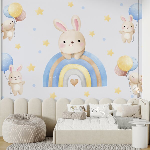 Carta da parati Un coniglietto dei cartoni animati su un arcobaleno, Carta da parati animali, Carta da parati popolare, w01332 - Tapeko.it