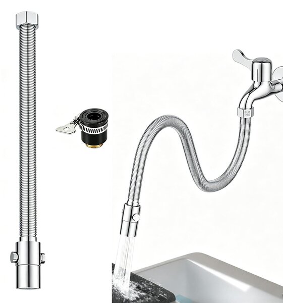 Prolunga per rubinetto da cucina, acciaio inossidabile, 30 cm, rotazione a 360°, con sistema di interruzione del flusso d'acqua