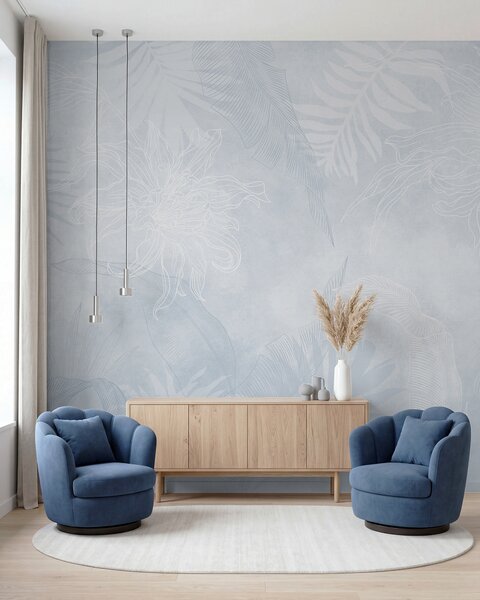 Carta da parati Fogliame tropicale effetto grunge con sfumature blu, Carta da parati Natura, w02737v3 : Uwalls.it