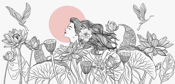 Carta da parati Donna nella natura, disegno a tratteggio, fiori di loto, grandi foglie, uccelli in, Carta da parati Floreale, w07988v5 : Uwalls.it