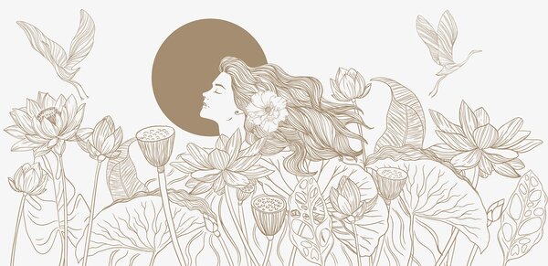 Carta da parati Donna nella natura, disegno a tratteggio, fiori di loto, grandi foglie, uccelli in, Carta da parati Floreale, w07988v1 : Uwalls.it