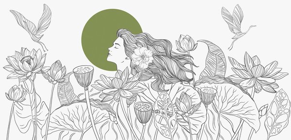 Carta da parati Donna nella natura, disegno a tratteggio, fiori di loto, grandi foglie, uccelli in, Carta da parati Floreale, w07988v3 : Uwalls.it