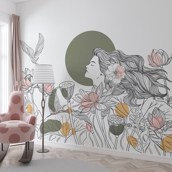 Carta da parati Donna nella natura, disegno al tratto, fiori di loto, grandi foglie, uccelli in volo,, Carta da parati Floreale, w07988v6 : Uwalls.it