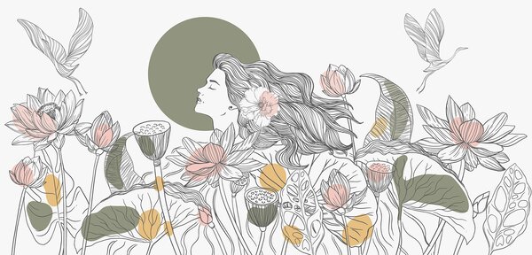 Carta da parati Donna nella natura, disegno al tratto, fiori di loto, grandi foglie, uccelli in volo,, Carta da parati Floreale, w07988v6 : Uwalls.it