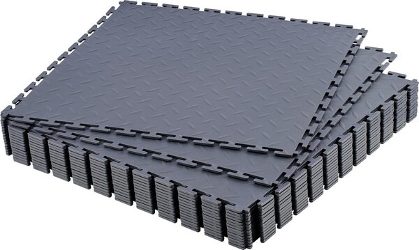 Pavimento in PVC per garage - Piastrelle a incastro Confezione da 16 - 51,3 x 51,3 x 0,5 cm - Antiscivolo - Effetto lamiera striata - Posa a incastro - Per garage, officina e magazzino - Grigio grafite