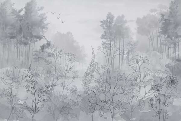 Carta da parati Paesaggio forestale con fiori selvatici, disegni al tratto, realismo, alberi, natura,, Carta da parati Natura, w08142v2 : Uwalls.it