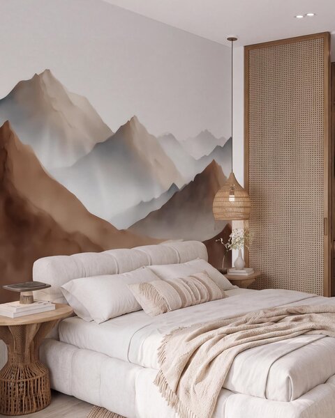 Carta da parati Cime montuose avvolte dalla nebbia in una palette di colori beige-marroni in stile, Carta da parati Natura, w09857 : Uwalls.it