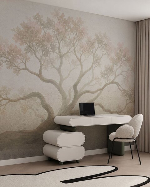 Carta da parati Paesaggio minimalista con alberi avvolti dalla nebbia, in tenui tonalità beige: un'opera, Carta da parati Natura, w05602 : Uwalls.it