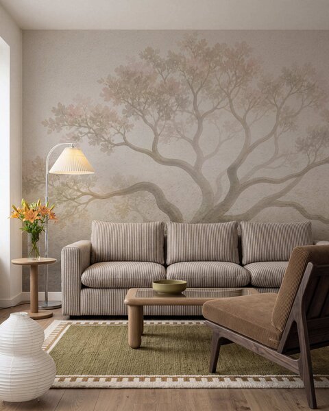 Carta da parati Paesaggio minimalista con alberi avvolti dalla nebbia, in tenui tonalità beige: un'opera, Carta da parati Natura, w05602 : Uwalls.it