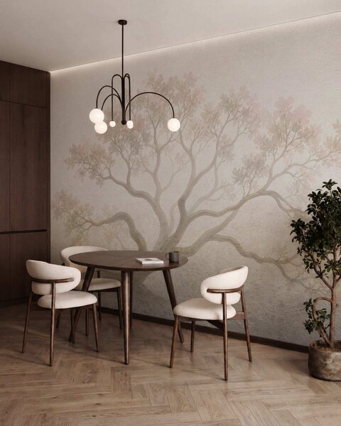 Carta da parati Paesaggio minimalista con alberi avvolti dalla nebbia, in tenui tonalità beige: un'opera, Carta da parati Natura, w05602 : Uwalls.it