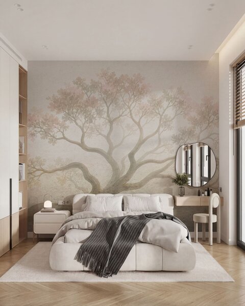 Carta da parati Paesaggio minimalista con alberi avvolti dalla nebbia, in tenui tonalità beige: un'opera, Carta da parati Natura, w05602 : Uwalls.it