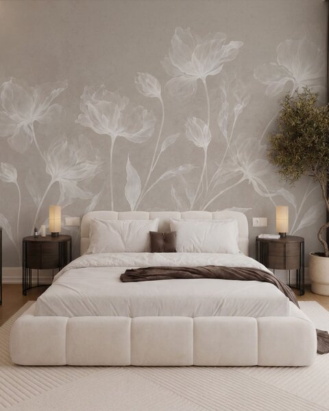 Carta da parati Fiori eleganti e vaporosi, con petali traslucidi disposti a strati su lunghi steli, Carta da parati Floreale, w05579v1 : Uwalls.it