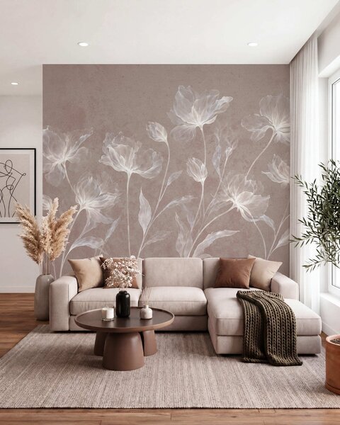 Carta da parati Fiori eleganti e vaporosi, con petali traslucidi disposti a strati su lunghi steli, Carta da parati Floreale, w05579v3 : Uwalls.it