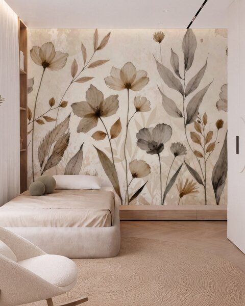 Carta da parati Delicati fiori di campo dipinti ad acquerello in una delicata palette di colori beige, Carta da parati Acquerello, w09875 : Uwalls.it