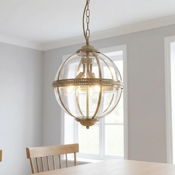 Lampada a sospensione in vetro metallo E14 rotonda Ø 32 cm H: max. 120 cm in ottone anticato paralume a 3 luci Art Nouveau