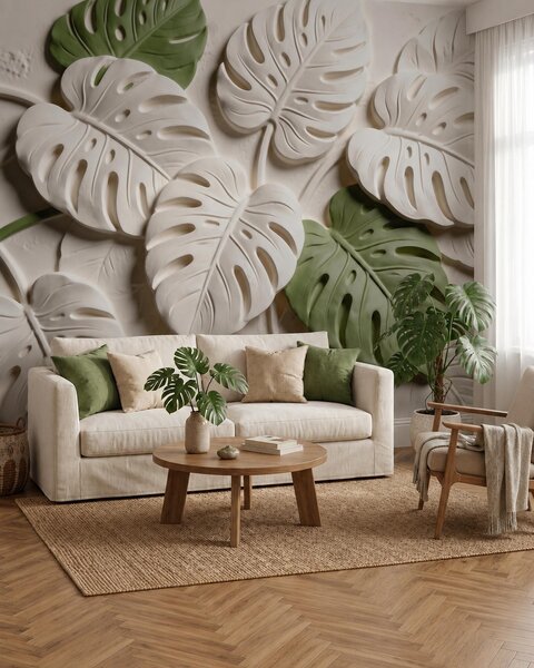 Carta da parati Foglie di monstera in rilievo, con motivi botanici, nei toni del crema e del verde, Carta da parati Natura, w09883 : Uwalls.it