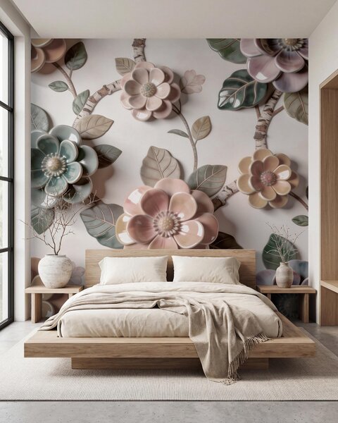 Carta da parati Fiori tridimensionali in ceramica in una delicata gamma di colori pastello, Carta da parati Floreale, w09887 : Uwalls.it
