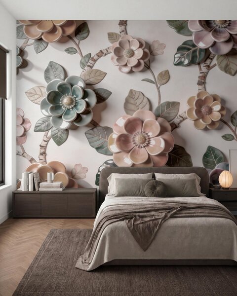 Carta da parati Fiori tridimensionali in ceramica in una delicata gamma di colori pastello, Carta da parati Floreale, w09887 : Uwalls.it