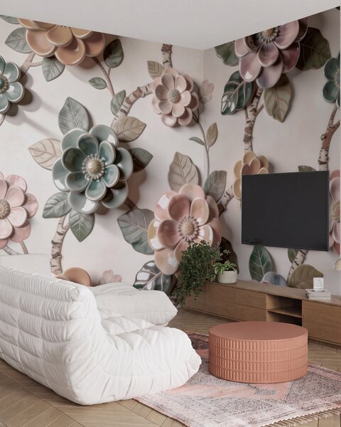 Carta da parati Fiori tridimensionali in ceramica in una delicata gamma di colori pastello, Carta da parati Floreale, w09887 : Uwalls.it