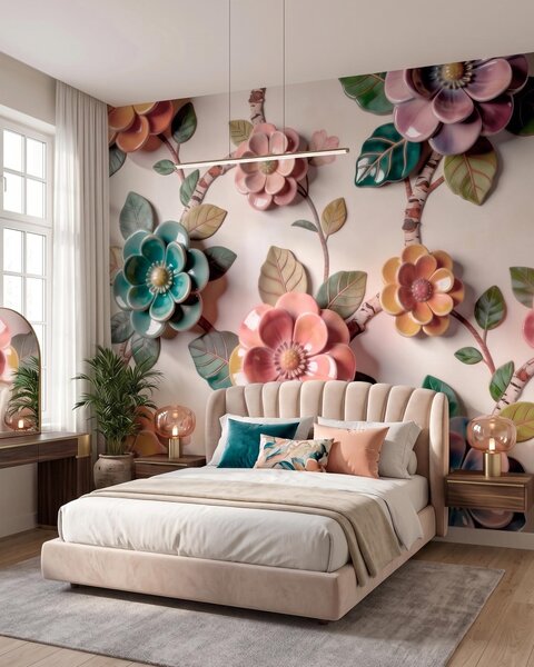 Carta da parati Fiori e foglie in ceramica tridimensionali in una vivace gamma di colori, Carta da parati Floreale, w09887v2 : Uwalls.it