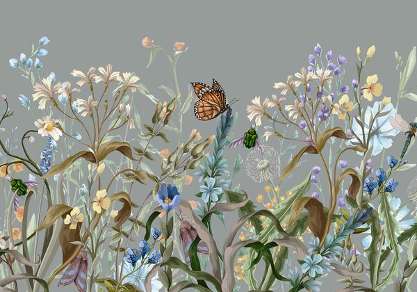 Carta da parati Un'illustrazione blu colorata di una scena di giardino, Carta da parati Animali, Carta da parati Farfalle, w08234 : Uwalls.it