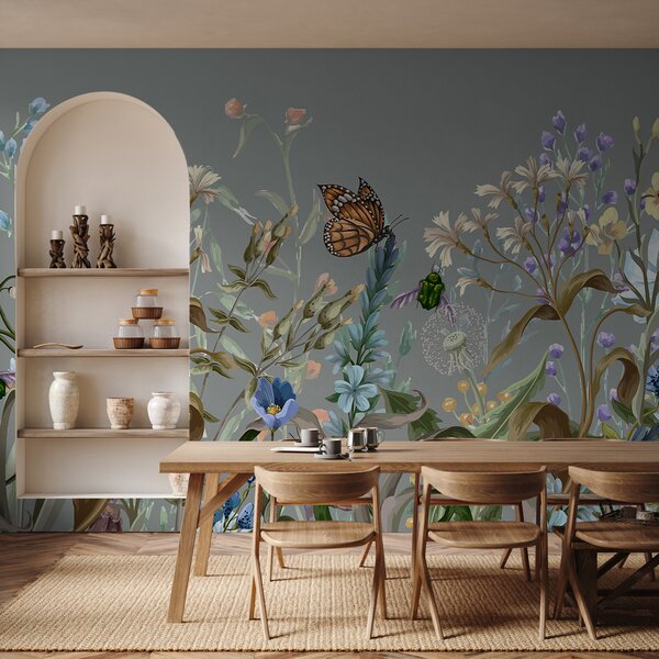 Carta da parati Un'illustrazione blu colorata di una scena di giardino, Carta da parati Animali, Carta da parati Farfalle, w08234 : Uwalls.it