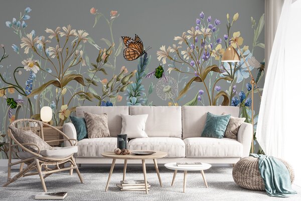 Carta da parati Un'illustrazione blu colorata di una scena di giardino, Carta da parati Animali, Carta da parati Farfalle, w08234 : Uwalls.it