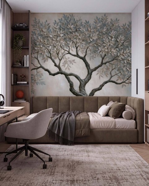Carta da parati Albero in stile pittura a olio, dai tranquilli toni naturali del grigio-beige, Carta da parati Natura, w09919 : Uwalls.it
