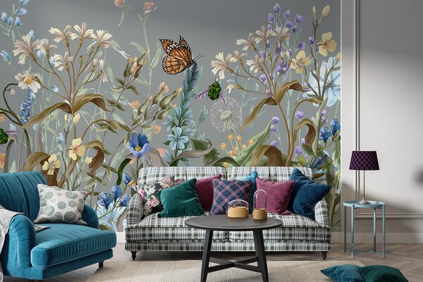 Carta da parati Un'illustrazione blu colorata di una scena di giardino, Carta da parati Animali, Carta da parati Farfalle, w08234 : Uwalls.it