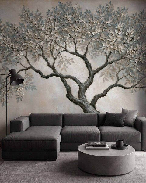Carta da parati Albero in stile pittura a olio, dai tranquilli toni naturali del grigio-beige, Carta da parati Natura, w09919 : Uwalls.it