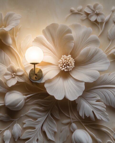 Carta da parati Boccioli bianchi e foglie, Composizioni floreali, Effetto 3D - Tapeko.it