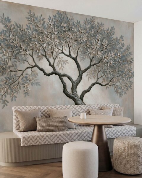 Carta da parati Albero in stile pittura a olio, dai tranquilli toni naturali del grigio-beige, Carta da parati Natura, w09919 : Uwalls.it