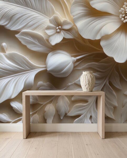 Carta da parati Boccioli bianchi e foglie, Composizioni floreali, Effetto 3D - Tapeko.it