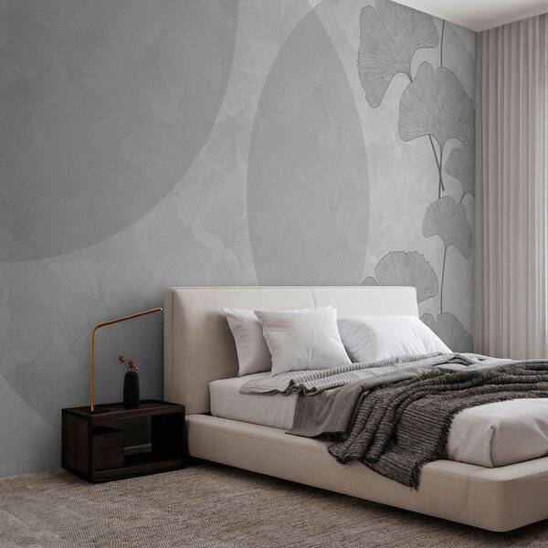 Carta da parati Grandi foglie di ginkgo e geometria di colore grigio, Carta da parati 3D, Fotomurali Foglie 3D, w01465v3 : Uwalls.it