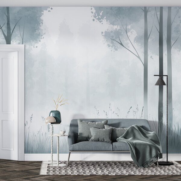 Carta da parati Acquerello foresta, nebbia, alberi, erba, paesaggio naturale, colore grigio, Carta da parati Natura, w01563v3 : Uwalls.it
