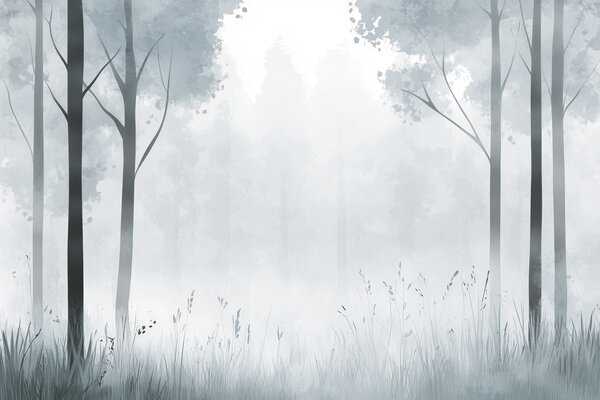 Carta da parati Acquerello foresta, nebbia, alberi, erba, paesaggio naturale, colore grigio, Carta da parati Natura, w01563v3 : Uwalls.it