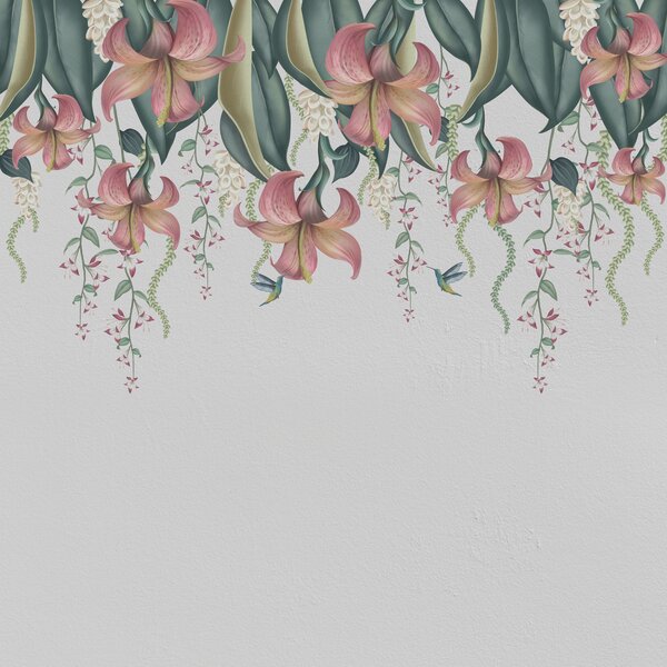 Carta da parati Delicato motivo botanico con gigli penduli, fiori e colibrì su, Carta da parati 3D, Carta da parati Fiori 3D, w01523v1 : Uwalls.it