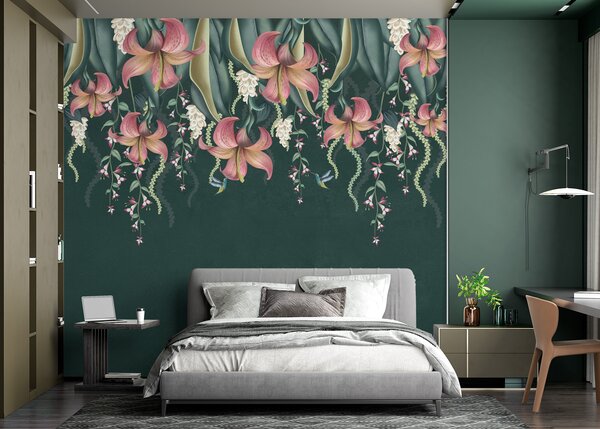 Carta da parati Delicato motivo botanico con gigli penduli, fiori e colibrì su una parete verde grunge, Carta da parati Natura, w01523v3 : Uwalls.it