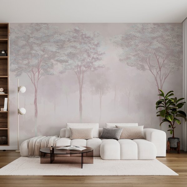 Carta da parati Silhouette di foresta nebbiosa in colore rosa tenue, Carta da parati Natura, w01599v1 : Uwalls.it