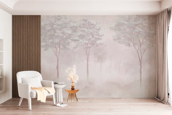 Carta da parati Silhouette di foresta nebbiosa in colore rosa tenue, Carta da parati Natura, w01599v1 : Uwalls.it