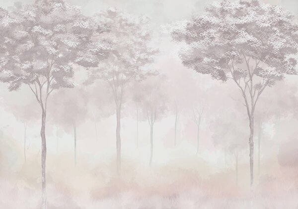 Carta da parati Silhouette di foresta nebbiosa in colore rosa, Carta da parati Natura, w01599v3 : Uwalls.it