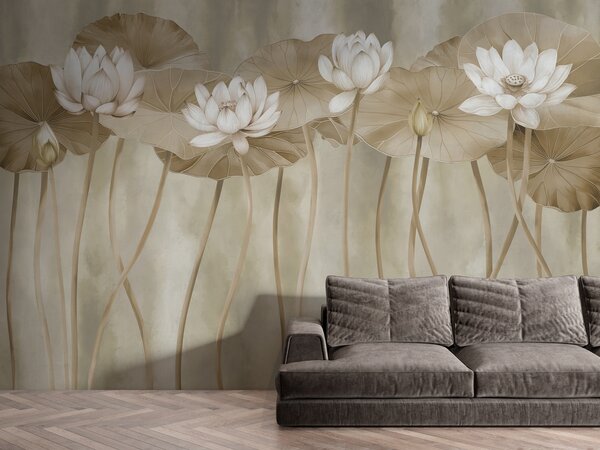 Carta da parati Fiori e foglie di loto su una parete scura biegiornale grunge, Carta da parati Floreale, w01622v2 : Uwalls.it